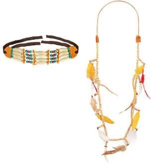 Boland Carnaval/verkleed accessoires Indianen sieraden - kralen/tanden kettingen - kunststof Multi