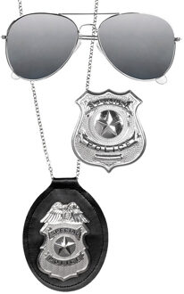 Boland Carnaval/verkleed accessoires Politie - ketting met badge/spiegel zonnebril - zwart/zilver