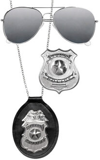 Boland Carnaval/verkleed accessoires Politie - ketting met badge/zonnebril - zwart/zilver - kunststof