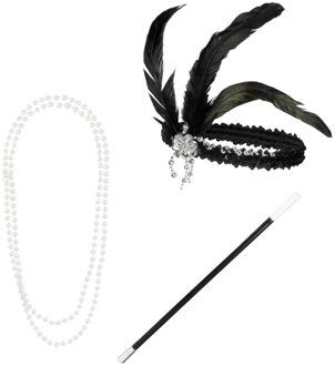 Boland Carnaval/Verkleed accessoires Roaring Twenties - Charleston set - haarband/ketting/pijpje Zwart