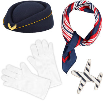 Boland Carnaval/verkleed accessoires Stewardes - hoed/broche/sjaal/handschoen - Verkleedattributen Blauw