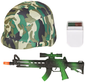 Boland Carnaval verkleed accessoires voor kinderen - Soldatenhelm - camouflage schmink - geweer 38 cm
