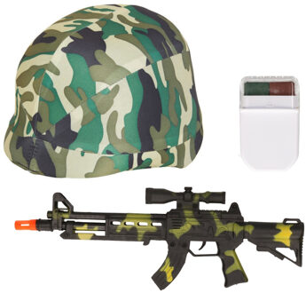 Boland Carnaval verkleed accessoires voor kinderen - Soldatenhelm - camouflage schmink - geweer 38 cm