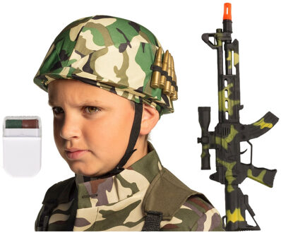 Boland Carnaval verkleed accessoires voor kinderen - Soldatenhelm - camouflage schmink - geweer 38 cm