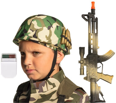 Boland Carnaval verkleed accessoires voor kinderen - Soldatenhelm - camouflage schmink - geweer 38 cm