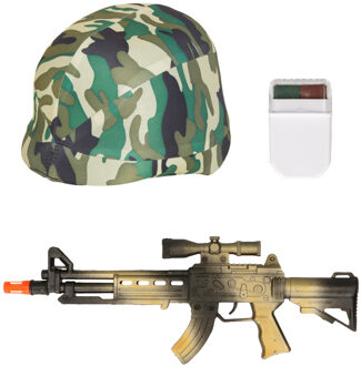 Boland Carnaval verkleed accessoires voor kinderen - Soldatenhelm - camouflage schmink - geweer 38 cm