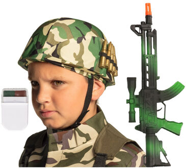 Boland Carnaval verkleed accessoires voor kinderen - Soldatenhelm - camouflage schmink - geweer 38 cm