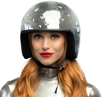Boland Carnaval verkleed Disco helm met spiegelbal plaatjes - glitters - zilver - foam - heren/dames