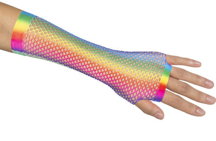 Boland Carnaval verkleed handschoenen - visnet stof - regenboog - vingerloos - dames - elastiek Multi