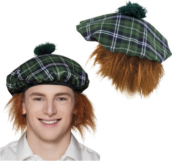 Boland Carnaval verkleed hoed/baret in Schotse ruit - 4x stuks - groen - polyester - heren - met haa