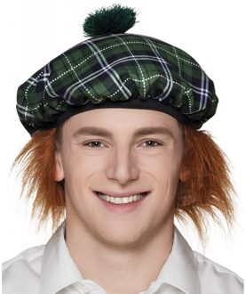 Boland Carnaval verkleed hoed/baret in Schotse ruit - groen - polyester - heren - met haar
