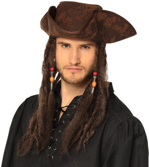 Boland Carnaval verkleed hoed voor een Piraat - bruin - polyester - heren - met haar/vlechten