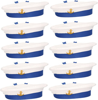 Boland Carnaval verkleed Matroos/Matrozen hoedje - 10x - wit/blauw - voor volwassenen - Maritiem thema