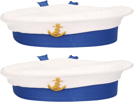Boland Carnaval verkleed Matroos/Matrozen hoedje - 2x - wit/blauw - voor volwassenen - Maritiem thema