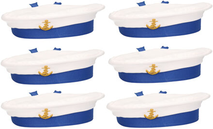 Boland Carnaval verkleed Matroos/Matrozen hoedje - 6x - wit/blauw - voor volwassenen - Maritiem thema