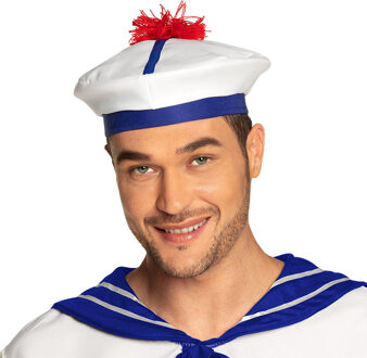 Boland Carnaval verkleed Matroos/matrozen hoedje - maat 59 - wit/blauw - voor volwassenen - Maritiem thema