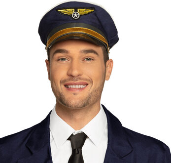 Boland Carnaval verkleed Piloten hoedje - blauw/goud - voor volwassenen - Luchtvaart thema