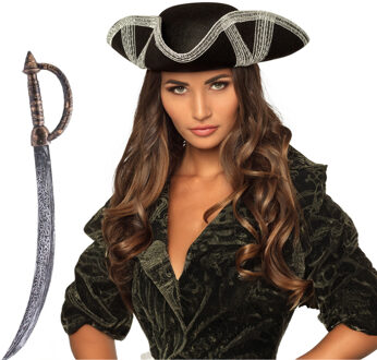 Boland Carnaval verkleed Piraten hoed - zwart - met piratenzwaard - Piraten accessiores - dames/heren