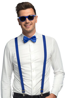Boland Carnaval verkleed set - bretels/party bril/vlinderstrikje - blauw - volwassenen/heren/dames