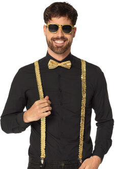 Boland Carnaval verkleed set - bretels/party bril/vlinderstrikje - glitter goud - volwassenen