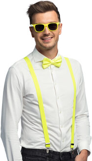 Boland Carnaval verkleed set - bretels/party bril/vlinderstrikje - neon geel - volwassenen/heren/dames
