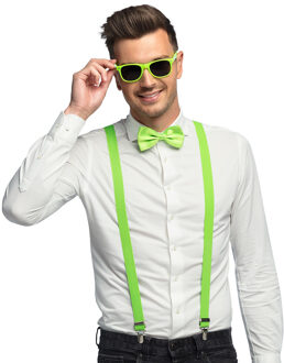 Boland Carnaval verkleed set - bretels/party bril/vlinderstrikje - neon groen - volwassenen/heren/dames