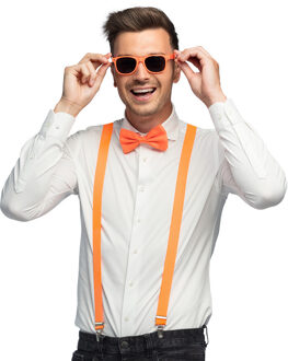Boland Carnaval verkleed set - bretels/party bril/vlinderstrikje - neon oranje - volwassenen/heren/dames