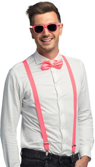 Boland Carnaval verkleed set - bretels/party bril/vlinderstrikje - neon roze - volwassenen/heren/dames
