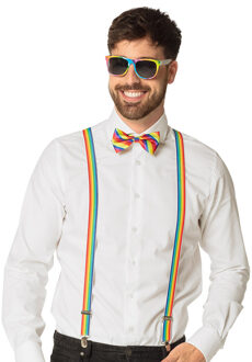 Boland Carnaval verkleed set - bretels/party bril/vlinderstrikje - regenboog pride - volwassenen/heren/dame