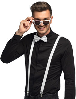 Boland Carnaval verkleed set - bretels/party bril/vlinderstrikje - wit - volwassenen/heren/dames