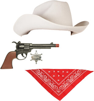 Boland Carnaval verkleed set - Cowboyhoed wit - rode zakdoek en pistool/revolver