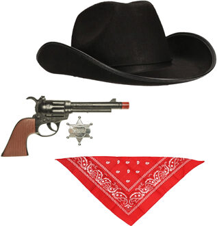 Boland Carnaval verkleed set - cowboyhoed zwart - rode zakdoek - en pistool