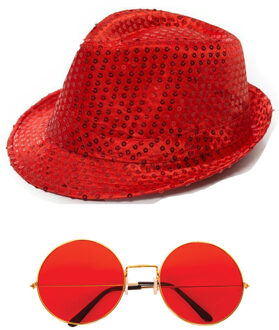 Boland Carnaval verkleed set glitter hoed en ronde party bril rood