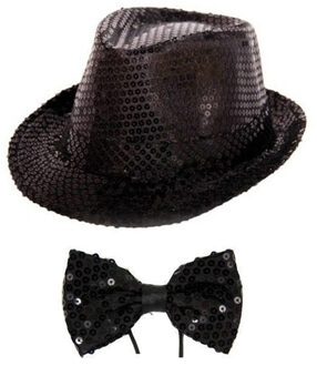 Boland Carnaval verkleed set glitter hoed en strikje zwart