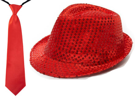 Boland Carnaval verkleed set glitter hoed en stropdas rood - Verkleedhoofddeksels