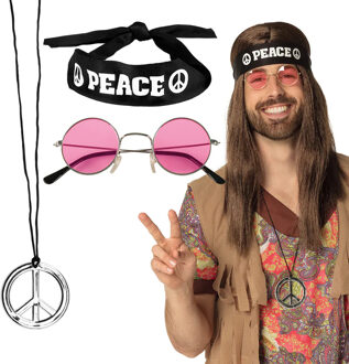 Boland Carnaval verkleed set Hippie - zonnebril/ketting/hoofband - heren