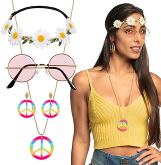 Boland Carnaval verkleed set Hippie - zonnebril/ketting/oorbellen/hoofband - dames