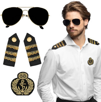 Boland Carnaval verkleed set Kapitein - zonnebril/badge/schouderstukken - volwassenen