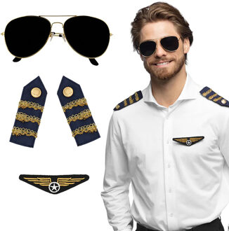 Boland Carnaval verkleed set Piloot - zonnebril/badge/schouderstukken - volwassenen
