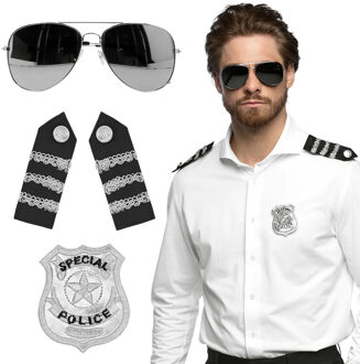 Boland Carnaval verkleed set Politie agent - zonnebril/badge/schouderstukken - volwassenen