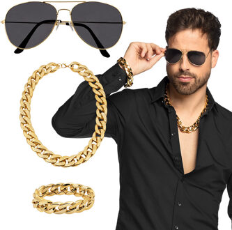 Boland Carnaval verkleed set Pooier/Pimp/Gangster - zonnebril en sieraden - volwassenen Multi