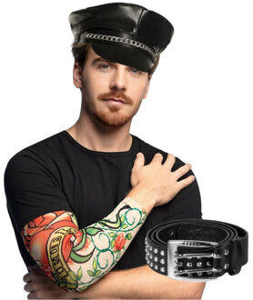 Boland Carnaval Verkleed set Rocker/Biker - Heren - pet/riem en arm sleeves met tattoos