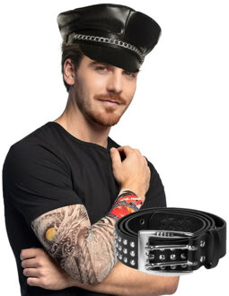 Boland Carnaval Verkleed set Rocker/Biker - Heren - pet/riem en arm sleeves met tattoos