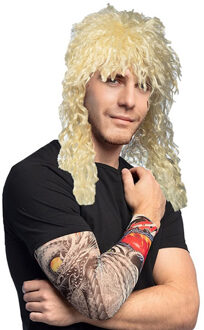 Boland Carnaval Verkleed set Rocker/biker - Heren pruik blond en arm sleeves met tattoos