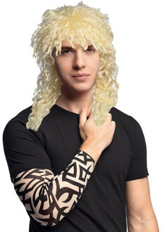 Boland Carnaval Verkleed set Rocker/biker - Heren pruik blond en arm sleeves met tattoos