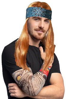 Boland Carnaval Verkleed set Rocker/biker - Heren pruik bruin met haarband en arm sleeves met tattoos