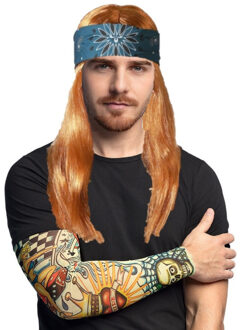 Boland Carnaval Verkleed set Rocker/biker - Heren pruik bruin met haarband en arm sleeves met tattoos