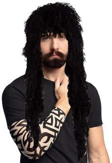 Boland Carnaval Verkleed set Rocker/biker - Heren pruik zwart en arm sleeves met tattoos