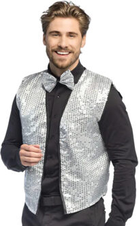 Boland Carnaval verkleed set - zilver - pailletten - heren - vestje - 80s 50/52 (M/L)