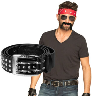 Boland Carnaval verkleed setje heren Bikers/rockers - Bandana/riem/handschoenen/snor - zwart